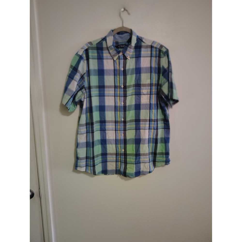 Chaps Mens XL Short Sleeve Button Down Shirt Blue Green Plaid Easy Care Cotton